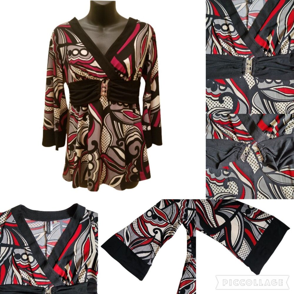 Heart Soul Red Black White Multicolor Swirl Print Faux Wrap 3/4 Sleeve Top Sz M - Picture 7 of 12